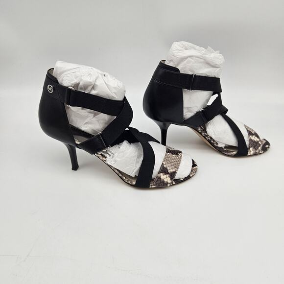 Michael Michael Kors Wendy Mid Sandals Womens Size 7.5 Black Snake Leather Heels - Picture 2 of 15